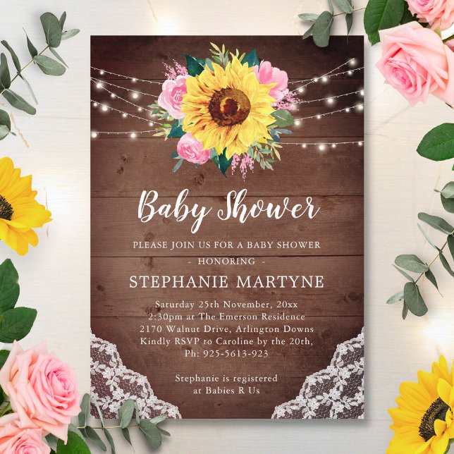 Invitación Baby Shower Rústico floral rosa de Sunflower Lace (Subido por el creador)