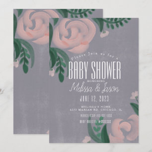 Invitación Baby Shower Rústico Granja Rosa Floral Gris
