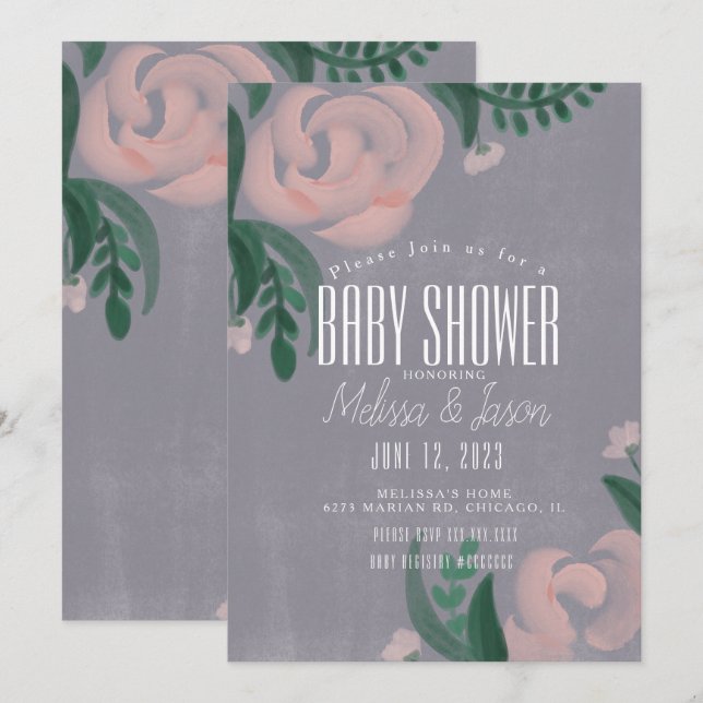 Invitación Baby Shower Rústico Granja Rosa Floral Gris (Anverso / Reverso)