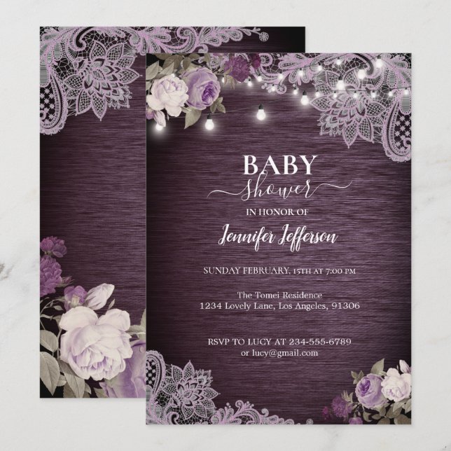 Invitación Baby Shower Rústico Purple Floral (Anverso / Reverso)