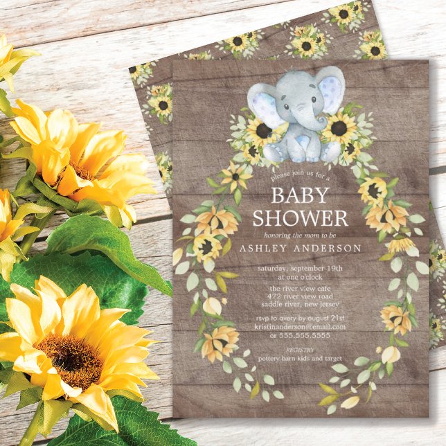 Invitación Baby Shower Rústico Sunflower & Baby Elephant Boys (Subido por el creador)