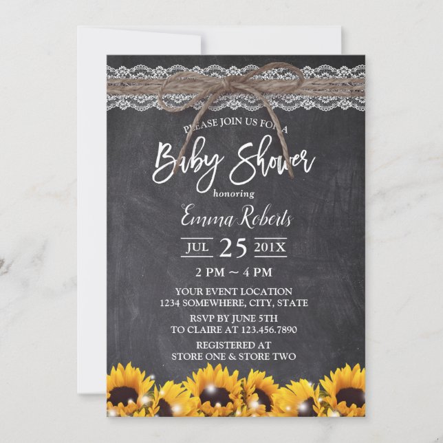 Invitación Baby Shower Rústico Sunflower Lace Twine (Anverso)