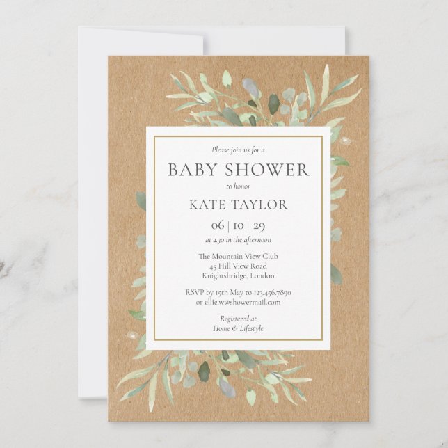 Invitación Baby Shower Rústico|Verde Acuarela (Anverso)
