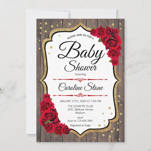 Invitación Baby Shower - Rústico Wood Red Gold (Anverso)