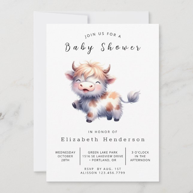 Invitación Baby Shower rústico y elegante de vaca (Anverso)