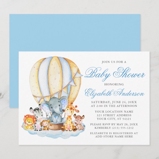 Invitación Baby Shower Safari Animals Air Balloon Clouds (Anverso / Reverso)