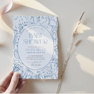 Invitación Baby Shower Safari Azul Toile de Jouy