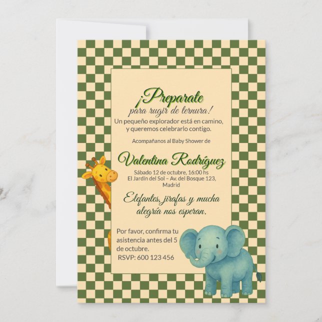 Invitación Baby Shower Safari Editable Chess pattern Elefante (Anverso)