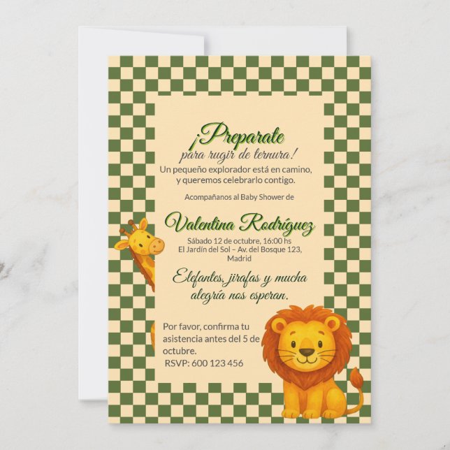 Invitación Baby Shower Safari Editable Chess Pattern León (Anverso)