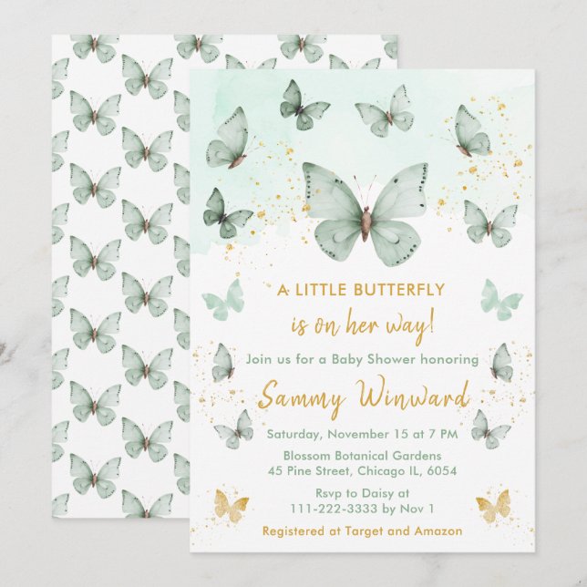 Invitación Baby Shower Sage Green y Gold Butfly (Anverso / Reverso)