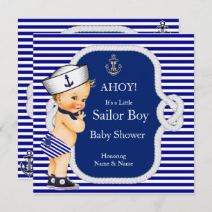 Invitación Baby Shower Sailor Boy Blue Stripe Blonde
