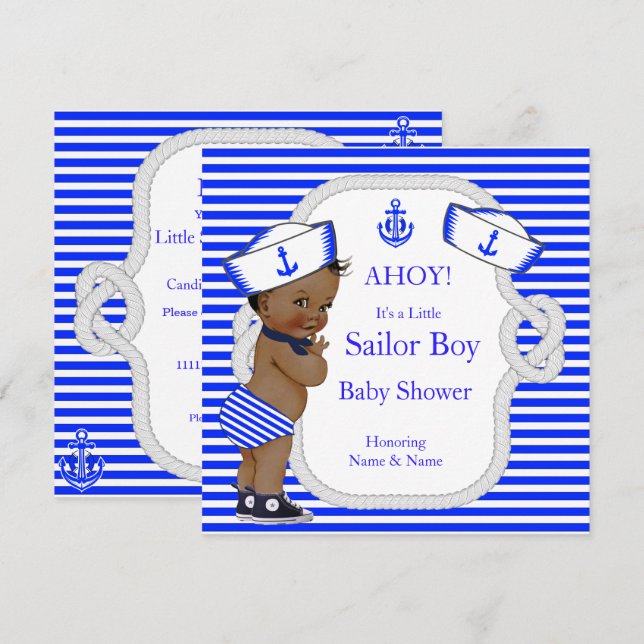 Invitación Baby Shower Sailor Boy Royal Blue Stripe Ethnic (Anverso / Reverso)
