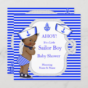 Invitación Baby Shower Sailor Boy Royal Blue Stripe Ethnic