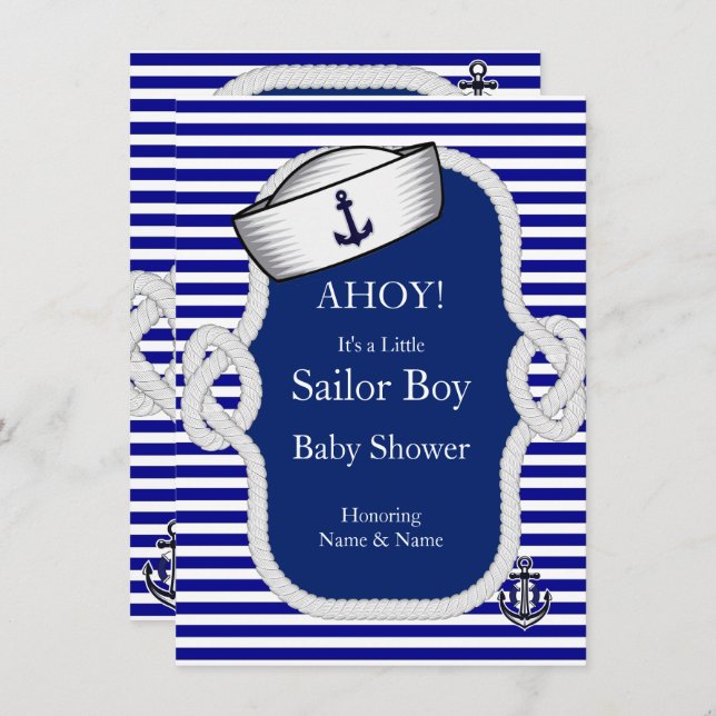 Invitación Baby Shower Sailor Gorra Boy Blue Stripe (Anverso / Reverso)