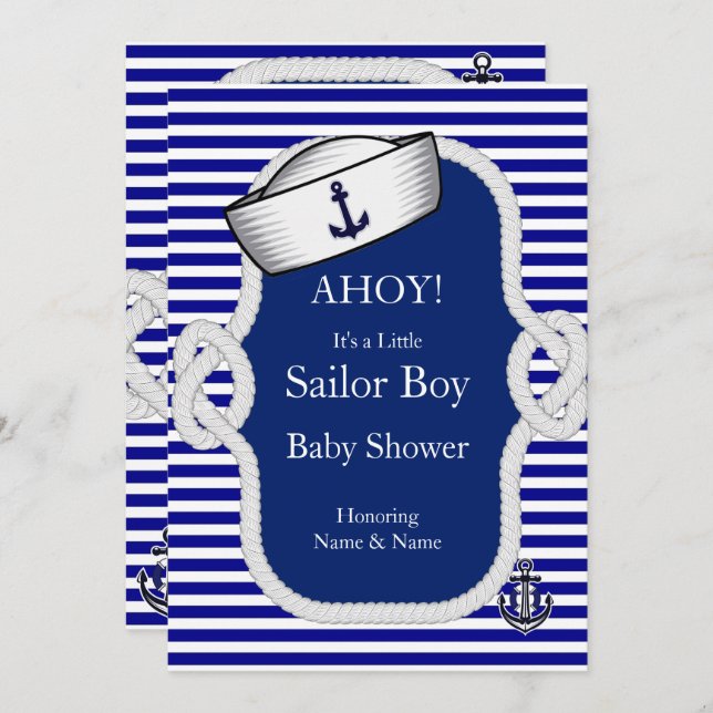 Invitación Baby Shower Sailor Gorra Boy Blue Stripe (Anverso / Reverso)