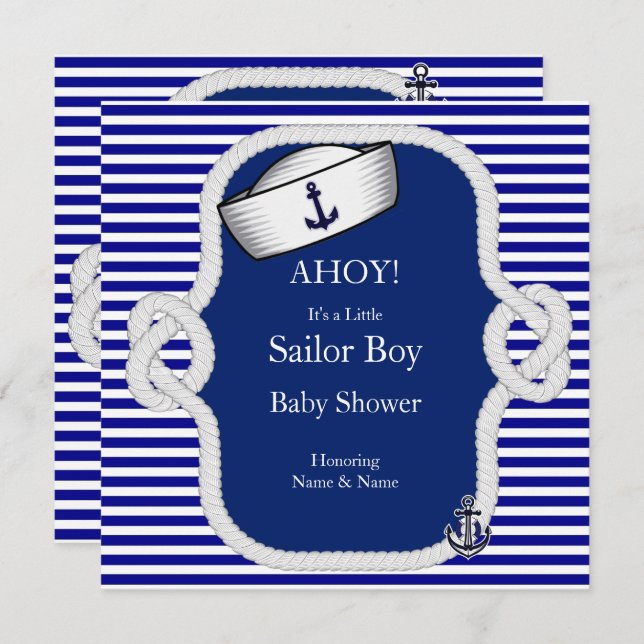 Invitación Baby Shower Sailor Gorra Boy Blue Stripe (Anverso / Reverso)