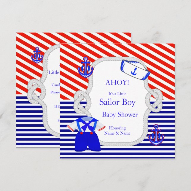 Invitación Baby Shower Sailor Suit Boy Red Royal Blue Stripe (Anverso / Reverso)