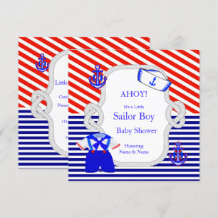 Invitación Baby Shower Sailor Suit Boy Red Royal Blue Stripe