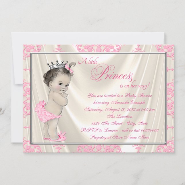 Invitación Baby Shower Satin de marfil y damasco rosa (Anverso)