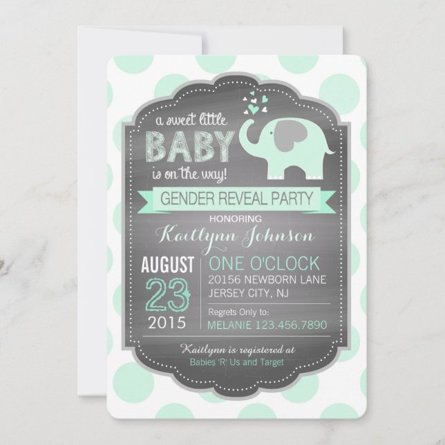 Invitación Baby Shower Seafoam Elephant Dot (Anverso)
