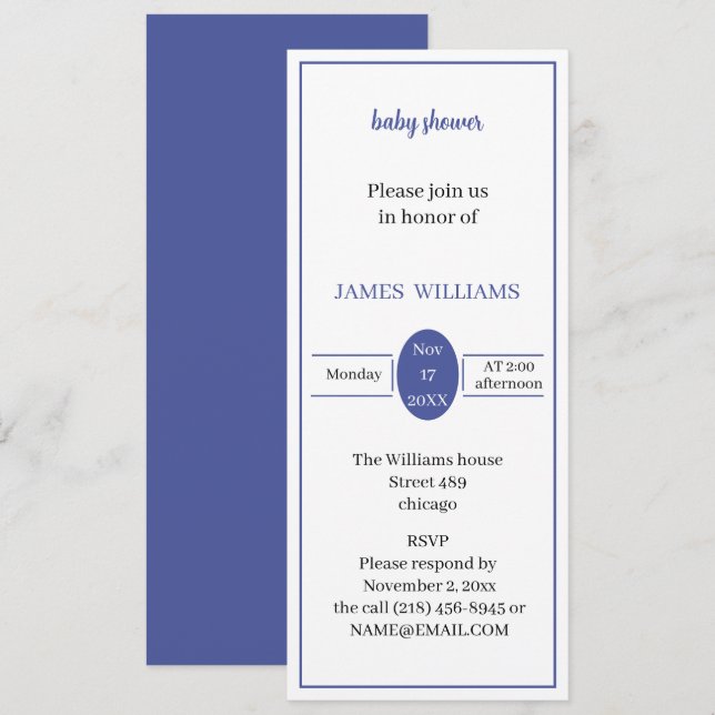 Invitación Baby Shower sencillo y morado de luz personalizada (Anverso / Reverso)