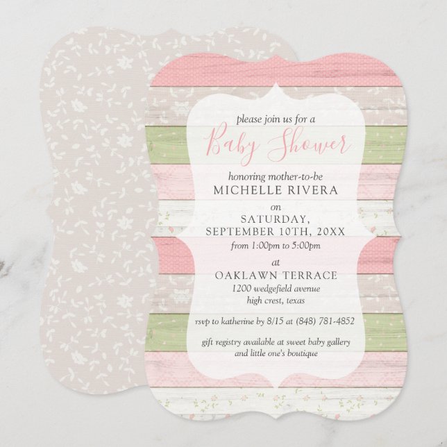 Invitación Baby Shower Shabby Pink & Sage Green Rusood (Anverso / Reverso)