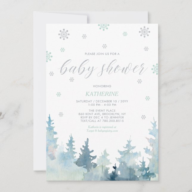 Invitación Baby Shower Silver & Mint Snowflake WinForest (Anverso)