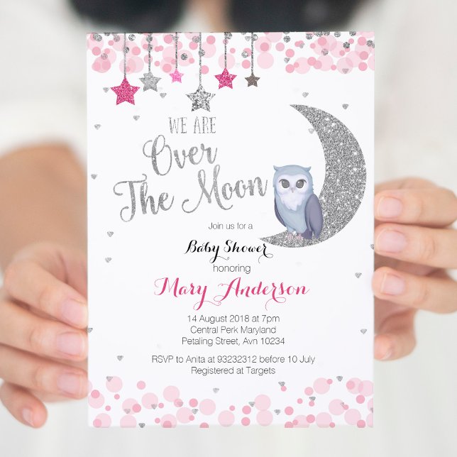 Invitación Baby Shower Silver Pink Owl Moon (Subido por el creador)