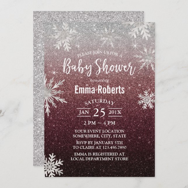 Invitación Baby Shower Silver Snowflake Burgundy Purpurina ro (Anverso / Reverso)