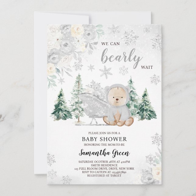 Invitación Baby Shower Silver Winter Bear (Anverso)