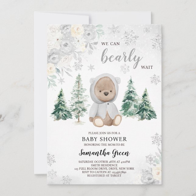 Invitación Baby Shower Silver Winter Bear (Anverso)