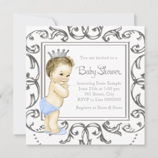 Invitación Baby Shower Silver y Blue Prince (Anverso)