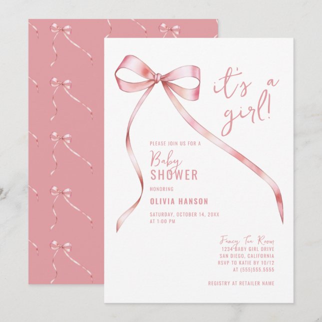 Invitación Baby Shower simple Chica de arco rosado (Anverso / Reverso)