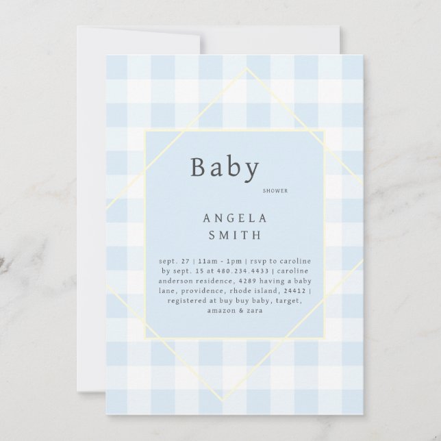 Invitación Baby Shower simple de Blue Gingham (Anverso)