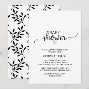 Invitación Baby Shower simple de caligrafía en blanco y negro