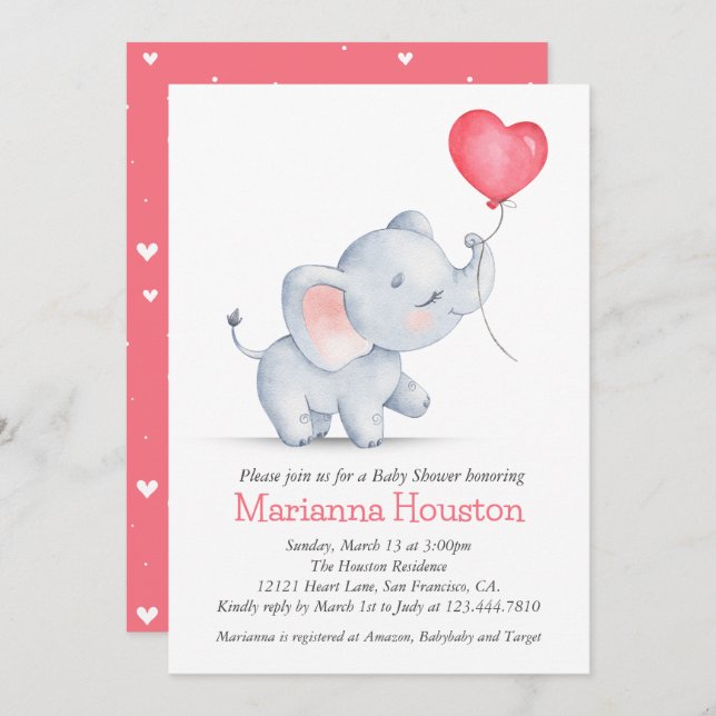 Invitación Baby Shower simple de Elefante y Globo Cardíaco (Anverso / Reverso)