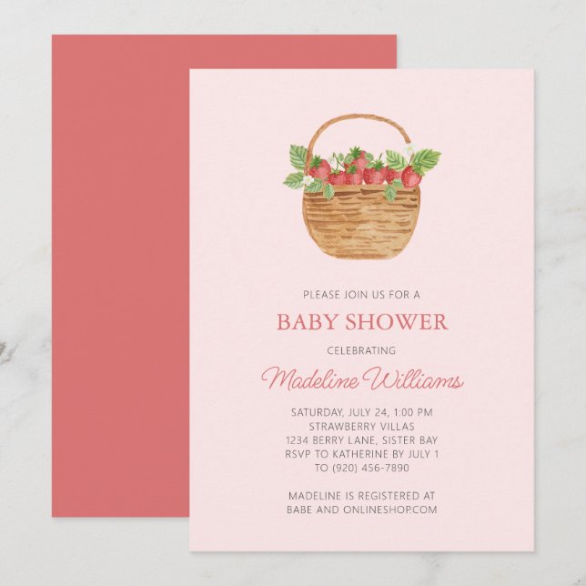 Invitación Baby Shower simple de fresa (Anverso / Reverso)