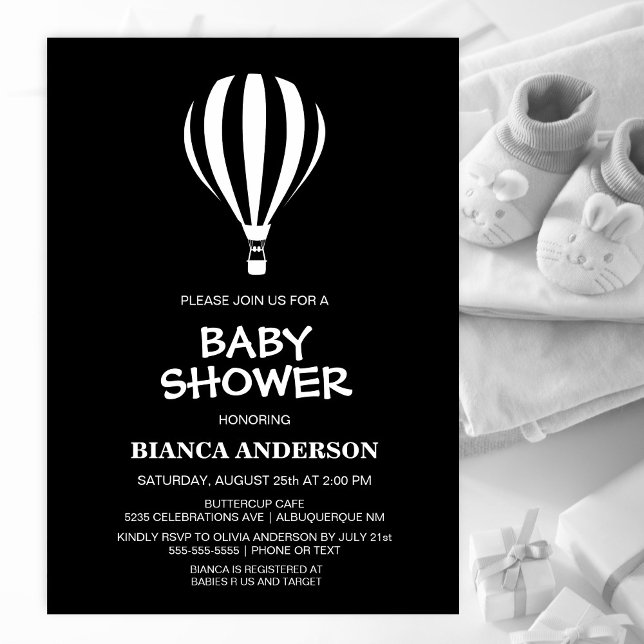 Invitación Baby Shower simple de globo de aire caliente negro (Subido por el creador)