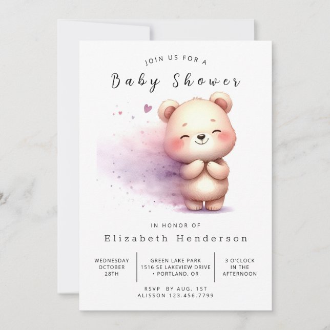 Invitación Baby Shower simple de oso bohemio (Anverso)