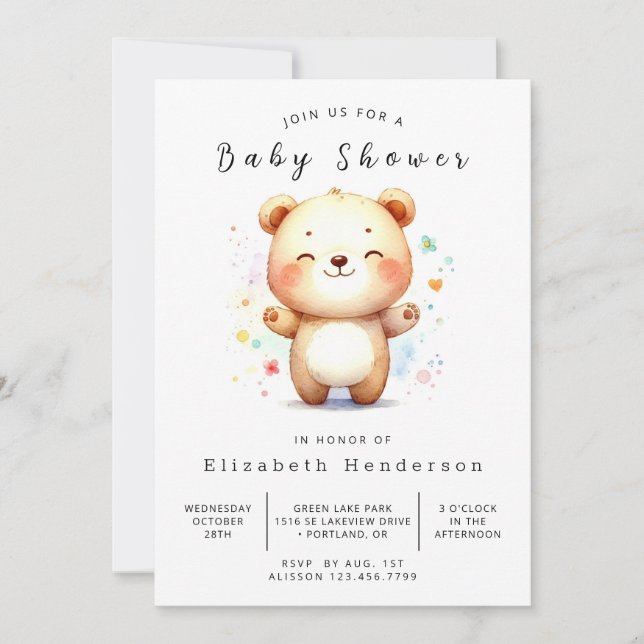 Invitación Baby Shower simple de oso digital (Anverso)