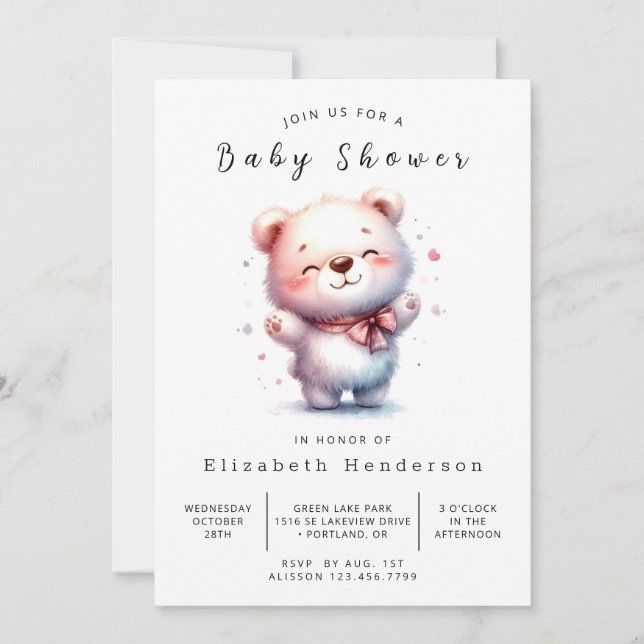 Invitación Baby Shower simple de oso feliz (Anverso)