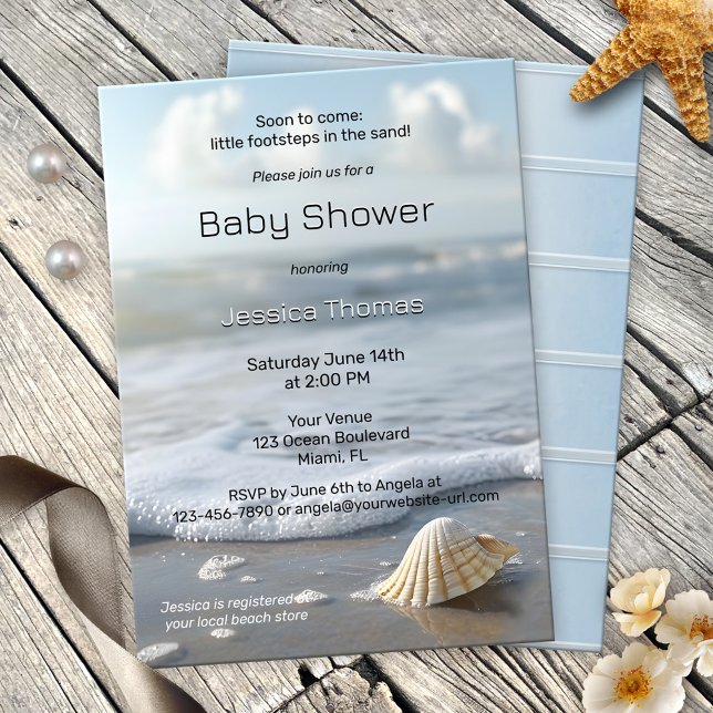 Invitación Baby Shower simple de Seashell Beach (A simple and elegant beach baby shower invitation featuring a shell with waves rolling on the sand)
