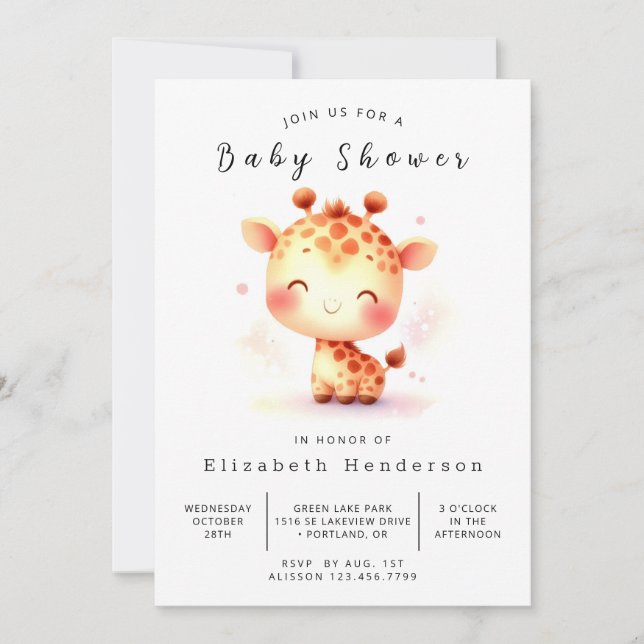 Invitación Baby Shower simple editable de jirafa (Anverso)