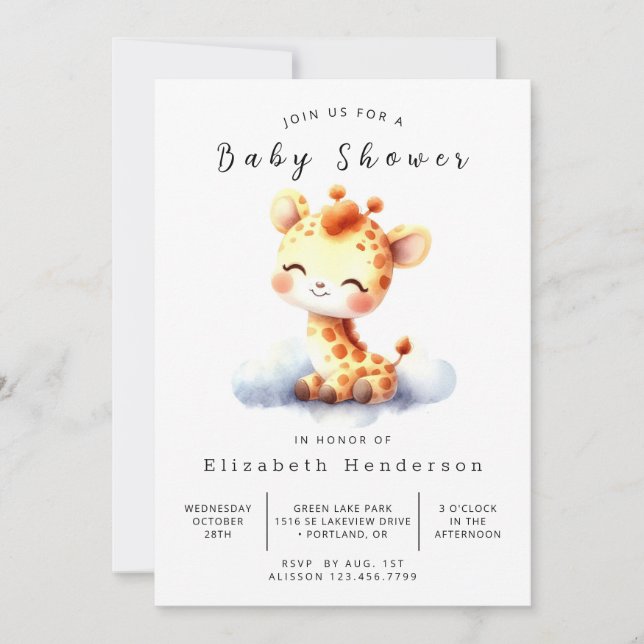 Invitación Baby Shower simple editable de jirafa (Anverso)