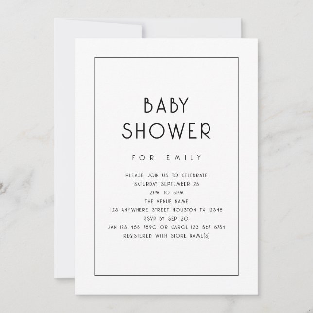 Invitación Baby Shower simple en blanco y negro (Anverso)