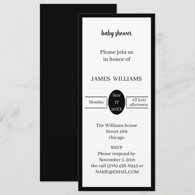 Invitación Baby Shower simple en blanco y negro personalizado (Anverso / Reverso)