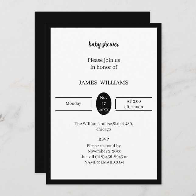 Invitación Baby Shower simple en blanco y negro personalizado (Anverso / Reverso)