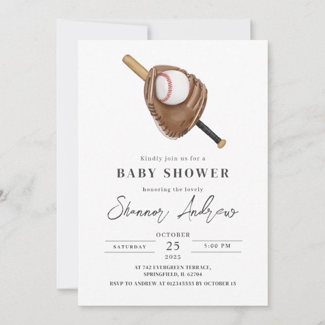 Invitación Baby Shower simple personal de béisbol (Anverso)
