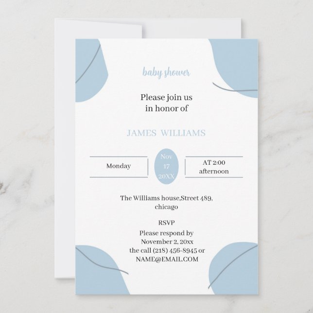 Invitación Baby Shower simple Personalizado azul claro (Anverso)
