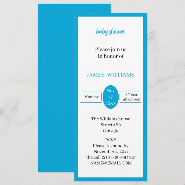 Invitación Baby Shower simple Personalizado azul claro (Anverso / Reverso)
